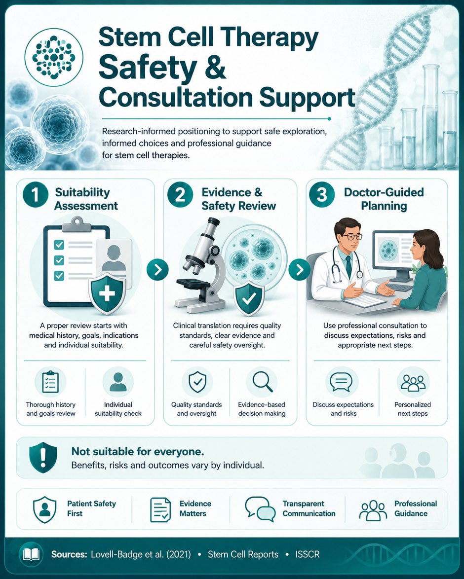 Evidence Safety Considerations for Stem Cell Therapy Mesenchymal stem cell therapy Malaysia infographic on suitability assessment, evidence and safety review, and doctor-guided planning