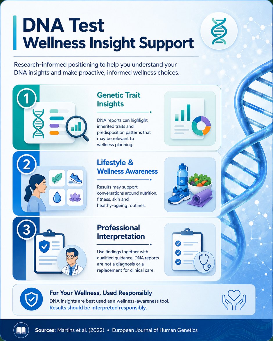 Health DNA test Malaysia wellness insight infographic covering genetic trait insights, lifestyle and wellness awareness, and professional interpretation