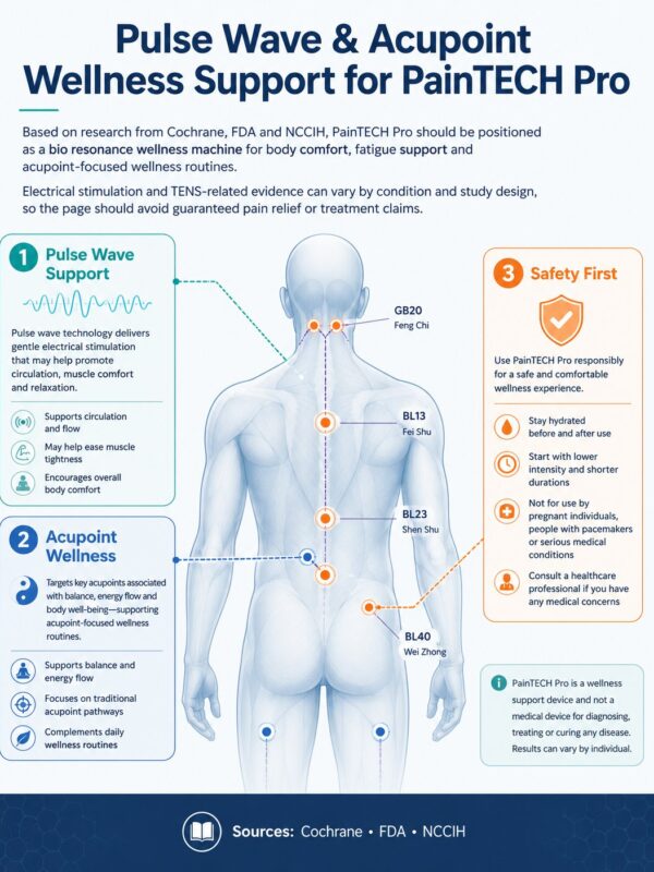 PainTECH Pulse wave and acupoint wellness infographic for the PainTECH Pro bio resonance wellness machine in Malaysia: pulse wave support, acupoint wellness, safety first. Sources: Cochrane, FDA, NCCIH