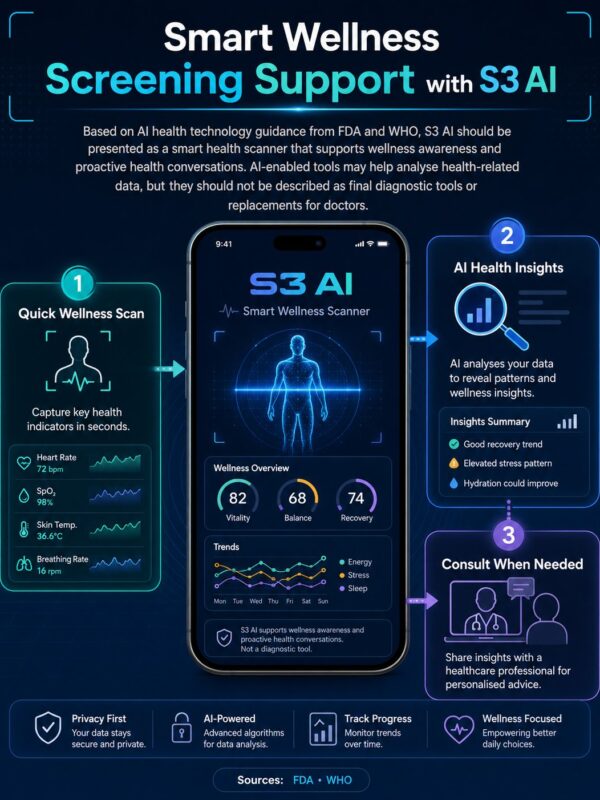S3 ai Smart wellness screening infographic for the S3 AI digital health screening device in Malaysia: quick wellness scan, AI health insights, consult when needed.Sources: FDA, WHO