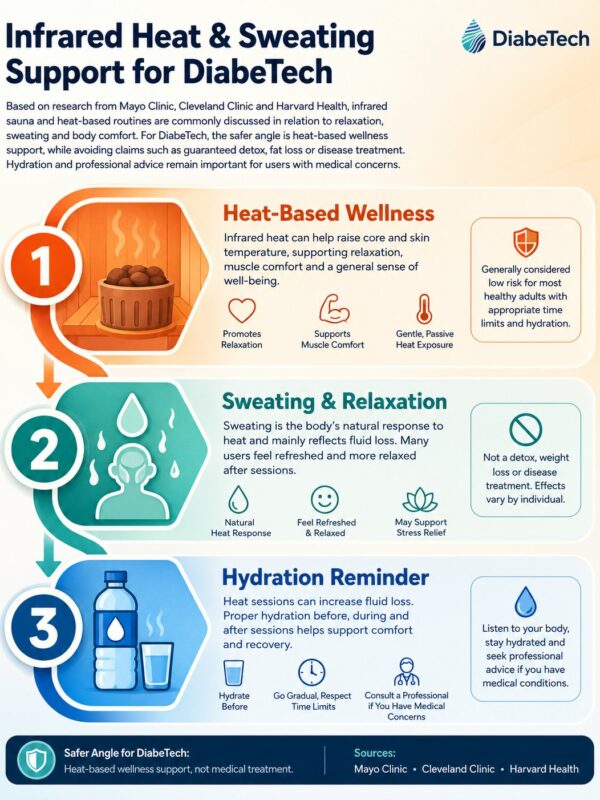 diabetech infrared heat Infrared heat and sweating wellness Infographic for DiabeTech infrared sauna suit in Malaysia: heat-based wellness, sweating and relaxation, hydration reminder. Sources: Mayo Clinic, Cleveland Clinic, Harvard Health